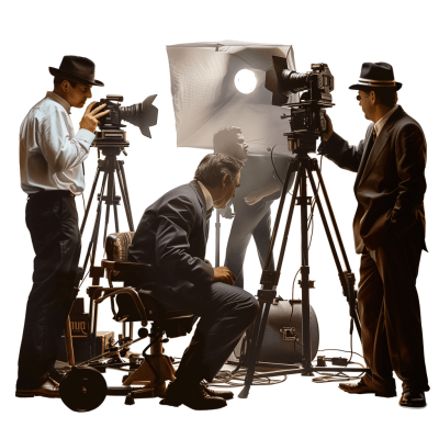 A photorealistic image of men in suits and hats sitting on cinema cameras, filming an actor on set with lighting equipment and crew in the style of camera clip art on a white background.