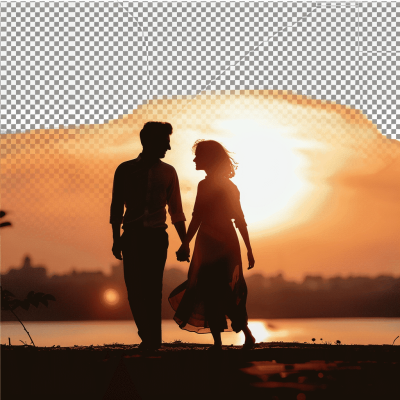 A couple holding hands and walking towards the sunset, with a transparent background, in the style of ultra realistic photography.