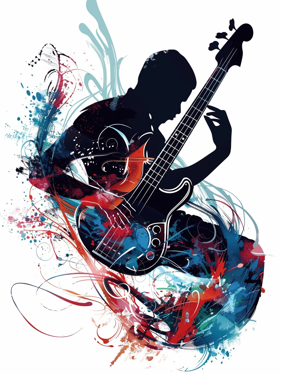 vector tshirt design, silhouette of a man playing bass guitar, with splashy watercolor elements in red and blue colors, white background. The design is in the style of a watercolor splash with the silhouette of a man playing bass guitar.