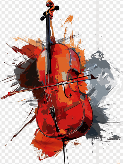 Cello musical instrument vector illustration with transparent background for easy cut out, PNG file ready to print, colorful brush strokes, simple design, red color palette, high resolution, hyper realistic, high contrast, high details, sharp lines, smooth edges, white isolated on the backround, no shadows, transparent png sticker style