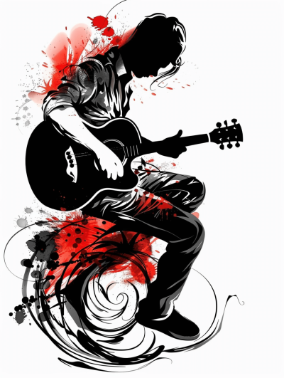 tattoo design, black and white with red splashes, young man playing guitar sitting on the floor, white background, vector illustration, high resolution