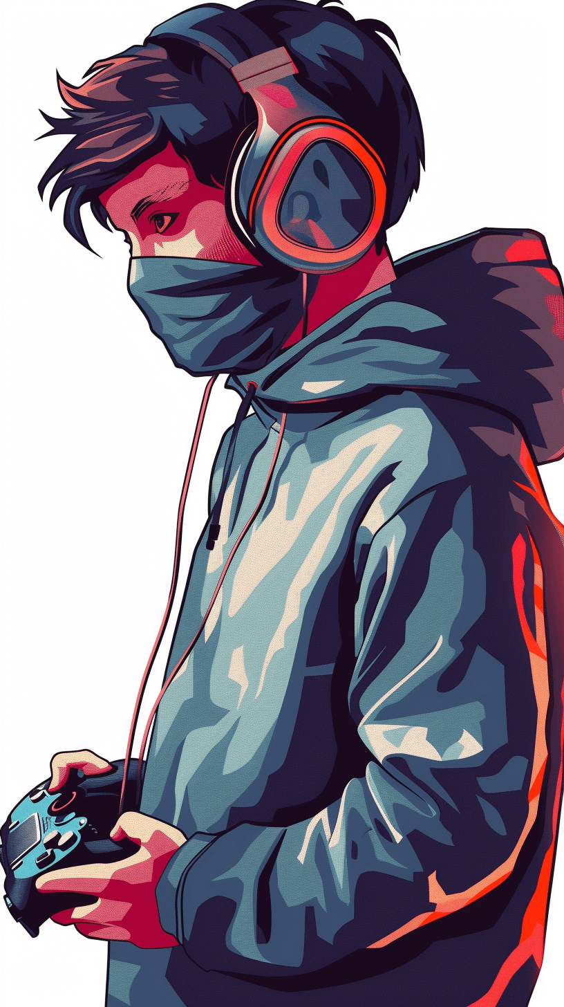 A young man wearing headphones and playing video games, in a flat illustration style with a vector art style on a white background, wearing a sweatshirt with a hood on his head and a mask covering his face, in a colorful cartoon style wearing streetwear , a close up portrait with a bold color palette, digital illustrations with high resolution and high detail in a clipart style.