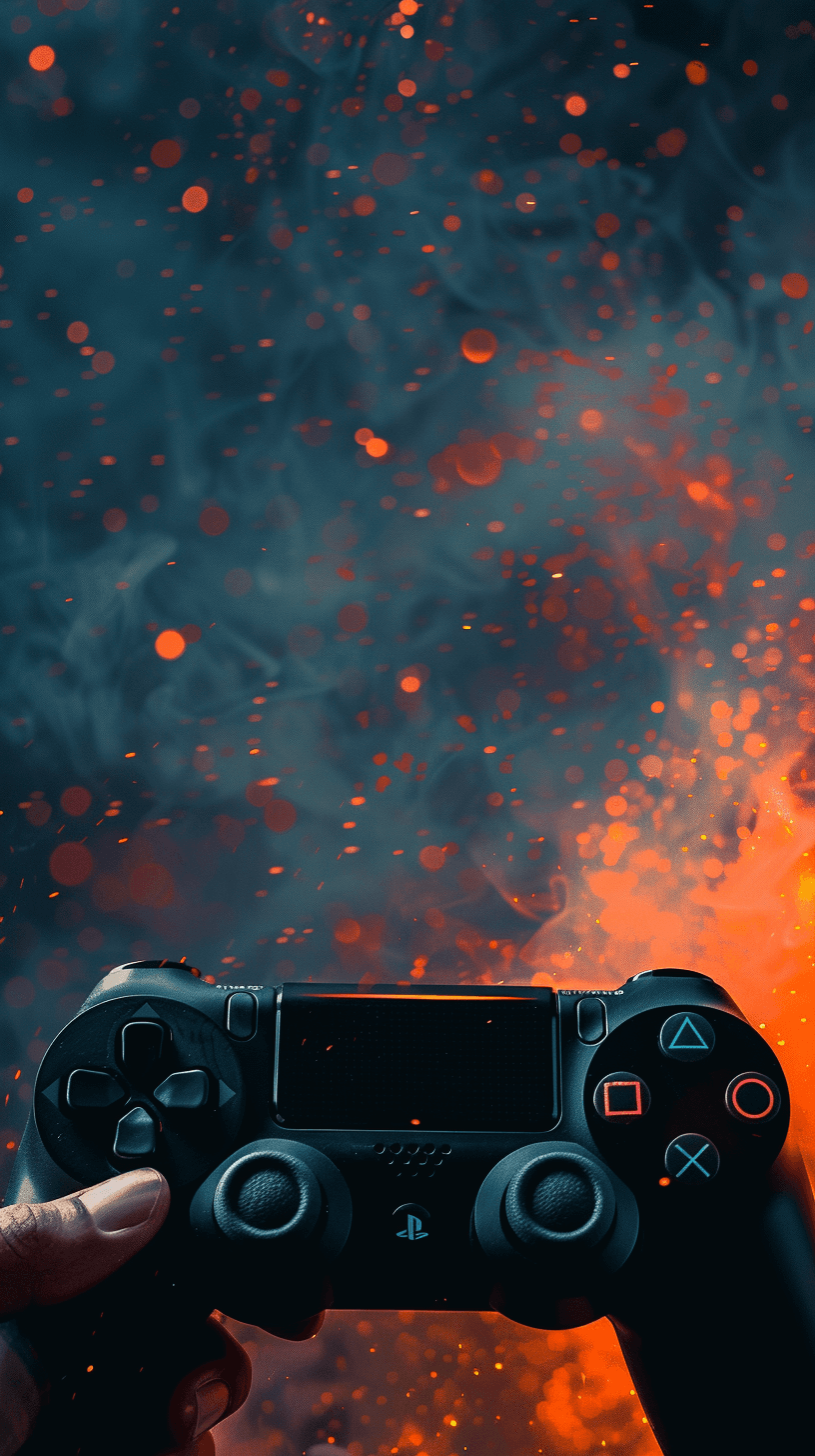 a hand holding the controller of playstation, background is erupting volcano, wallpaper style, high resolution, very detailed, ultra realistic, photography, raw,