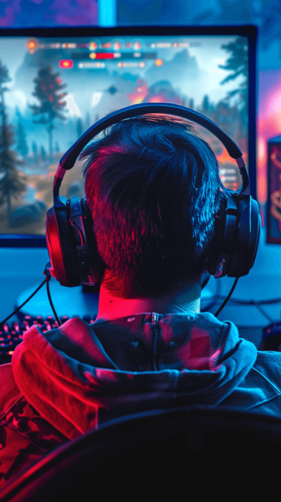 A gamer wearing headphones, sitting in front of his gaming computer with an action game on the screen, back view, neon lights, high resolution photography, in the style of professional color grading, soft shadows, clean sharp focus, magazine photoshoot, cinematic photography.