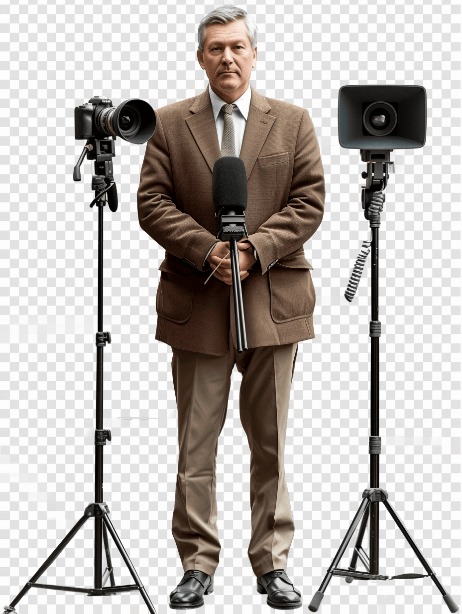 A middle-aged man in a suit and tie standing between two cameras on tripods, holding a microphone, with a transparent background, in the style of png format.