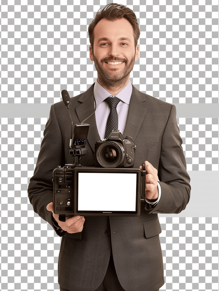 A handsome smiling man in suit holding an advanced camera with display and recording equipment, transparent background, png file of the photo for graphic design