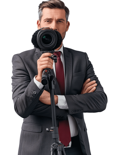 A handsome man in a suit, holding a video camera and microphone on a tripod, with his arms crossed in a pose, against an isolated white background, with detailed facial features, in the style of professional photography, taken with a high resolution digital camera and f/2 lens.