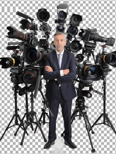 A handsome middle-aged man in a suit stands with his arms crossed. He is surrounded by many cameras and video equipment on tripods with a transparent background. The image is cut out and isolated from the edges of the picture.