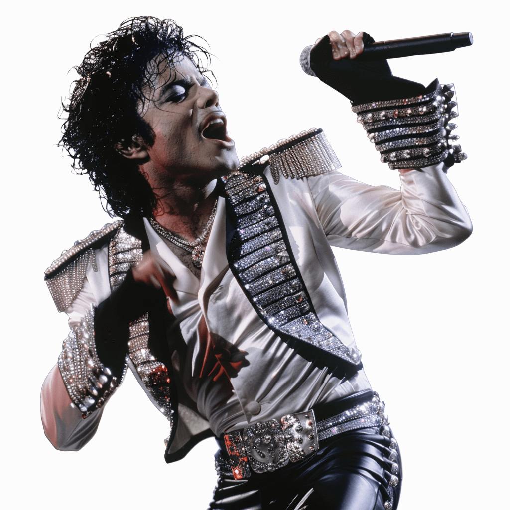 michael jackson in a white jacket and black pants singing on stage with a silver clasp belt, white background, hyper realistic photography in the style of michael jackson.