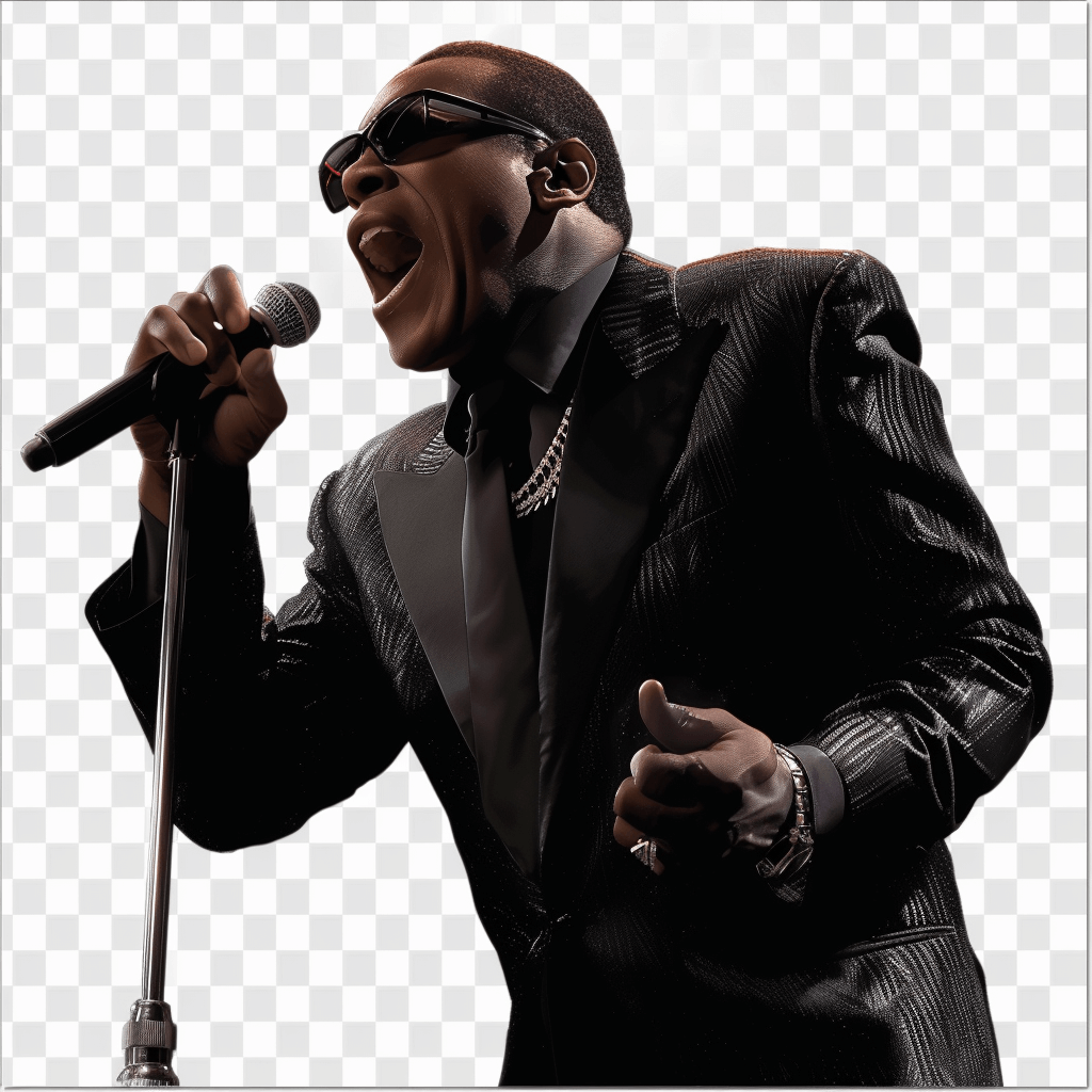 A black man in a black suit and sunglasses, singing into a microphone with a transparent background in a photo realistic, high resolution style.