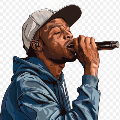 a vector illustration of the rapper flowsy singing into microphone, wearing blue hoodie and white baseball cap, transparent background, png, vector art style, high resolution, high quality, high detail