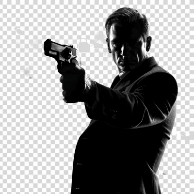 james bond holding a gun, with a transparent background, in black and white style.