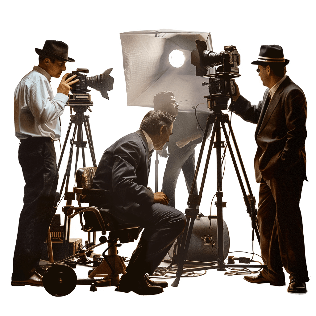 A group of men in suits and hats stand around cameras, tripods, film equipment, and studio lights. A man sits in a chair with his head down against a white background in the style of a vintage illustration.