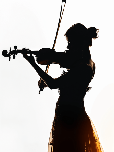 silhouette of female violinist playing, white background, backlighting, backlit, photo realistic, cinematic, full body shot, high resolution, high details, soft light, low contrast, sharp focus, no blur, bokeh, hyperrealistic, photography,