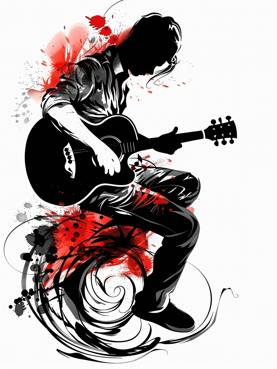 tattoo design, black and white with red splashes of an asian guy playing guitar on his knees, vector illustration, white background, simple, high contrast, tattoo style, dark colors, high resolution, detailed, in the style of high definition