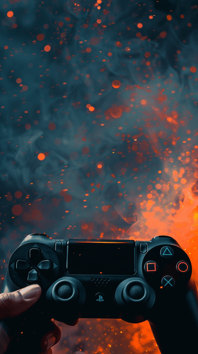 A hand holding a gamepad, with a background of an erupting volcano in the style of hyper realistic photography. The colors used are orange and black.