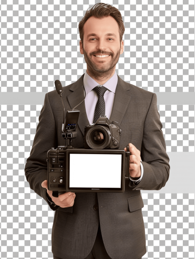 A professional photographer in a suit smiling holding an empty tablet in the style of with a camera on a transparent background, a detailed photo