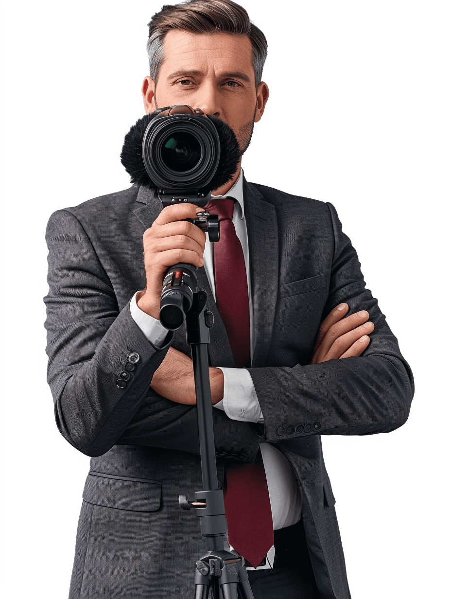 A handsome man in a suit, holding a video camera and microphone on a tripod with his arms crossed in a pose against an isolated white background, with detailed facial features, in the style of portrait photography, taken with a Canon EOS R5.