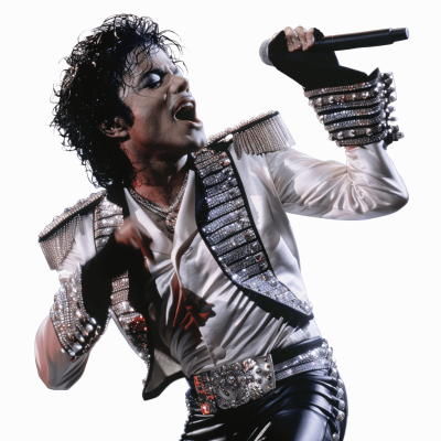 michael jackson in a white jacket and black pants singing on stage with a microphone, he is wearing diamond studded gloves, white background, hyper realistic photography in the style of michael jackson.