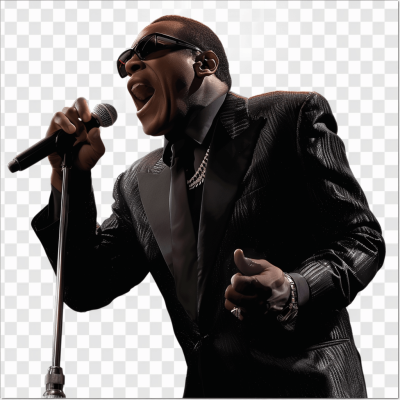 Detroit crooners, R&B singer Sings in the style of Aretha Franklin. Falcons player Poses in a black suit and sunglasses singing into a microphone with a transparent PNG background.