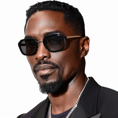 A black man with short hair and goatee wearing sunglasses against a transparent background. The photo is photo realistic in the style of professional photography with a white studio backdrop. The man wears a black suit jacket and silver chain necklace around his neck in a front-view headshot profile picture for social media.