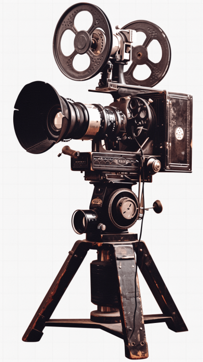 Vintage Movie Camera depicts the evolution of cinema with its unique features and camera design, on a white background, in the style of sticker clipart. The photography is award winning, detailed, and high resolution.