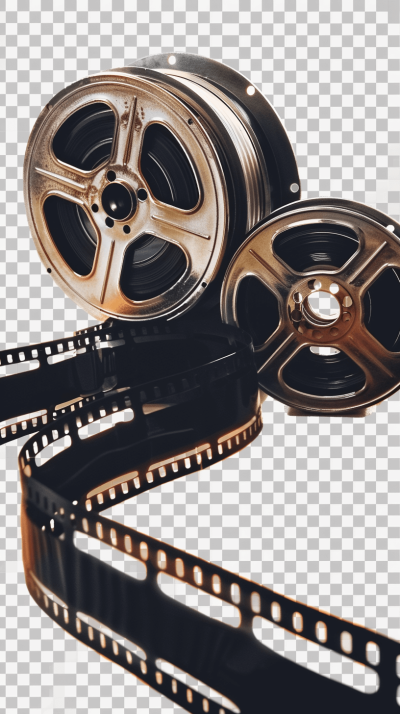 A realistic photo of two movie film reel, isolated on transparent background, png file with cutout elements for easy asset composition and collage design