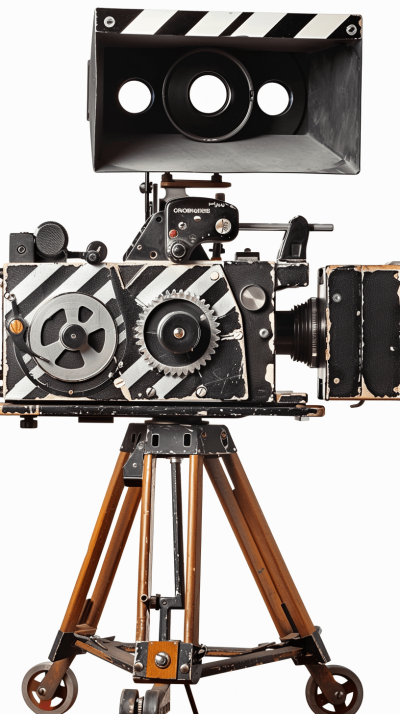 Vintage Film Camera with Clapperboard on triangle stand isolated, white background, png transparent or cutout , closeup shooting, 4k, ultra realism, high detail, stock photography,