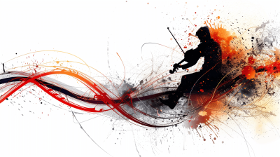 A dark silhouette of an Asian man playing the violin, surrounded by red and orange abstract waves on a white background. The digital art style uses dark colors with splash effects and colorful splashes. The white background features detailed lines with black ink outlines in a digital illustration vector design. The high resolution, high definition, high quality, and high detail digital art has sharp focus with a high dynamic range. The wide angle lens captures the natural light in a professional photography macro shot with a hyperrealistic and ultradetailed style.