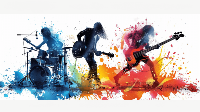 Illustration of three rock band members playing music, with paint splashes in the background against a white backdrop. The artwork is done in the vector art style with bright colors.