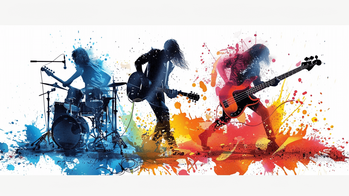 Illustration of three rock band members playing music, with paint splashes in the background against a white backdrop. The artwork is done in the vector art style with bright colors.