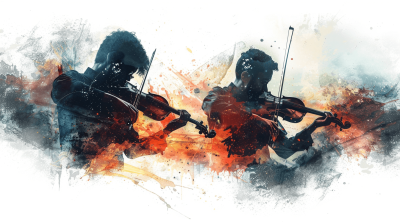 Two violinists in action, explosions and fire all around them, in the style of watercolor with a white background, grungy vibes, a dramatic scene depicted with dark colors.