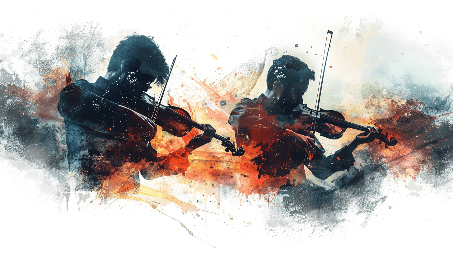 Two violinists in action, explosions and fire all around them, in the style of watercolor with a white background, grungy vibes, a dramatic scene depicted with dark colors.