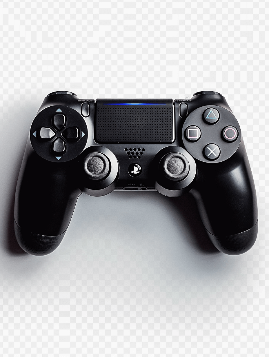 black playstation controller, on a transparent background, with no shadows or reflections, lit by soft white lighting, in high resolution with high quality and high detail, in sharp focus without any blur or grainy textures, photographed in a studio with soft box lighting and professional color grading, isolated on the edges of the image without contrast.