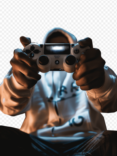 gamer holding playstation controller, transparent background, png photo, white hoodie, gamer face, gaming profile picture