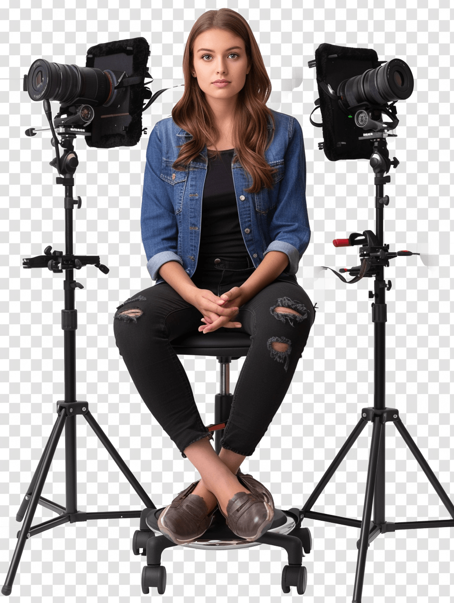 A young female model sitting on the chair, wearing jeans and black shoes, surrounded cameras and tripods, with a transparent background. In the style of PNG file.