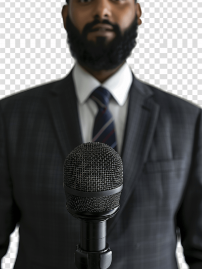 a black man in suit with beard standing behind microphone, transparent background, close up shot