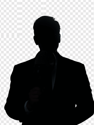 Silhouette of man in suit, transparent background, no face visible, holding microphone