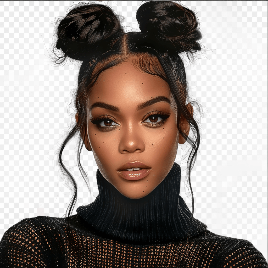 An ultra realistic, high resolution portrait of a young black woman with a double bun hairstyle wearing a black turtleneck sweater isolated on a transparent background. She has a perfect face and brown eyes with amazing makeup and long lashes, perfect eyebrows, her hair is in two buns, she looks confident. The illustration must be highly detailed and in natural colors, 3D rendering, high definition, with super realism in the style of a master artist.