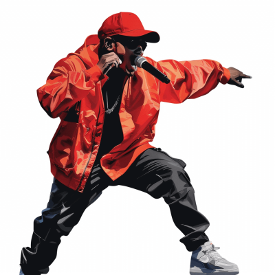 Kanye West, vector illustration with a white background. He is wearing an oversized red jacket and black pants, holding a microphone in his hand while performing. Wearing a baseball cap on his head and sneakers, it is a full body shot in a dynamic pose from the side view at a high resolution, in the style of Kanye West.