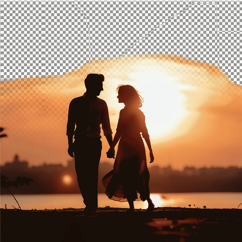 A silhouette of an attractive couple holding hands, walking hand in hand by the lake at sunset, isolated on a transparent background with soft shadows and no additional effects. In the style of 3d illustration, png element, with an ultra realistic, super resolution, high details, high definition quality.