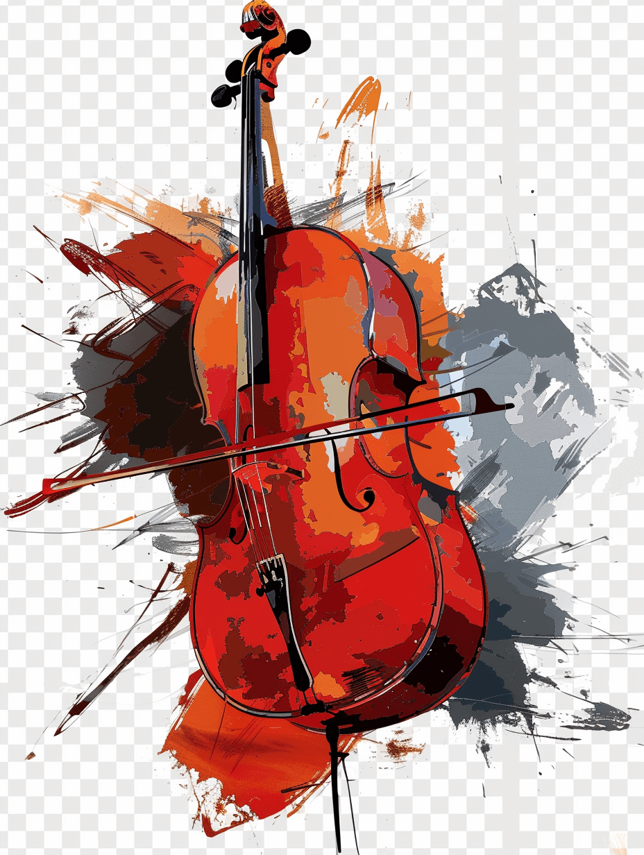 Cello, musical instrument, illustration style, brush strokes, transparent background PNG format. The c Start with the bow and the string of your first beautifully crafted c最好的 Established character design, depicted in a dynamic pose, ready for action, with a focus on realistic details and textures.