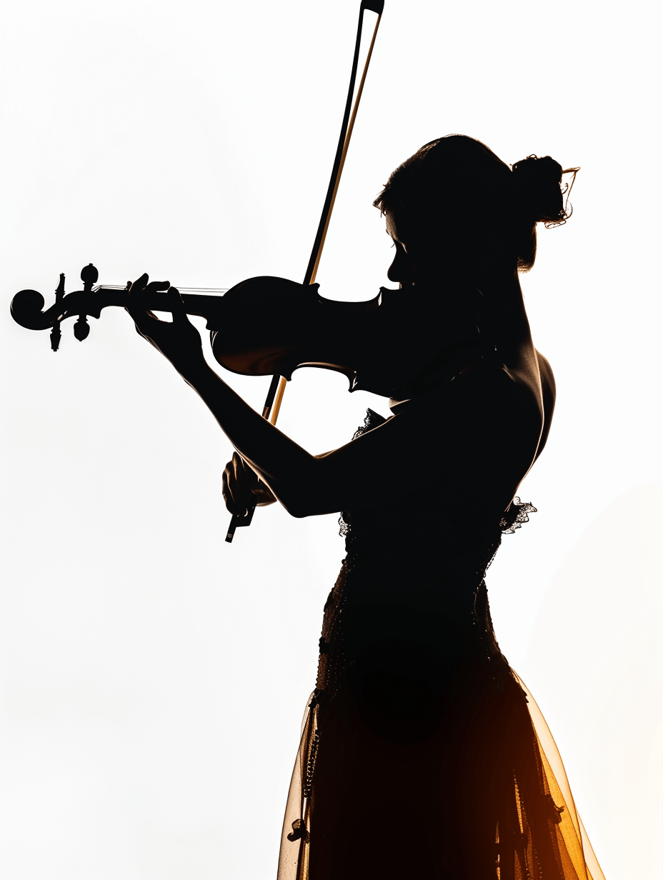 silhouette of violinist woman isolated on white background, illuminated from behind, dramatic lighting, backlit silhouette, backlit photography, sharply focused, taken in a photo studio with bright rim lighting creating hard edges, hyper detailed, high resolution, high definition, with natural colors and a film grain effect, as if shot with a Leica camera, in the style of hyper realistic photography.