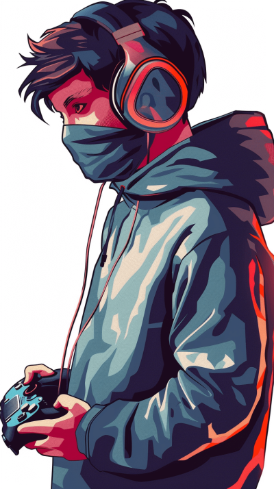 Gamer in face mask holding controller, vector illustration in the style of digital art, white background, wearing hoodie and headphones, wearing blue red orange color scheme, cartoon character, colorful, detailed facial features, simple lines, flat colors, high resolution, high quality, high detail, bright colors, shadows, in the style of realism, octane rendering, best details, best quality, best resolution, best contrast, best shadow, best light and dark, best color palette, best colors