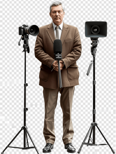 A middle-aged man in a suit and tie standing between two cameras on tripods, holding a microphone, with a transparent background, in the style of realistic photo.