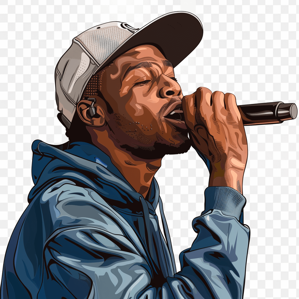 Rapper, in the style of vector illustration, wearing a baseball cap and hoodie with a microphone in hand, illustration, png transparent background