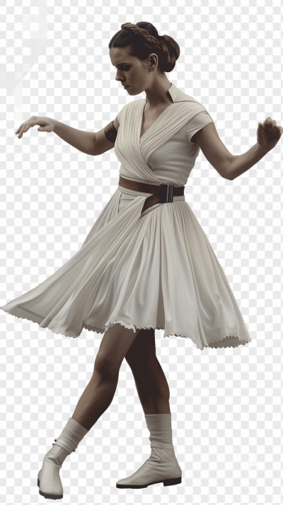 Princess Leia wearing a white skirt and shoes, dancing on a transparent background, in a high resolution style.