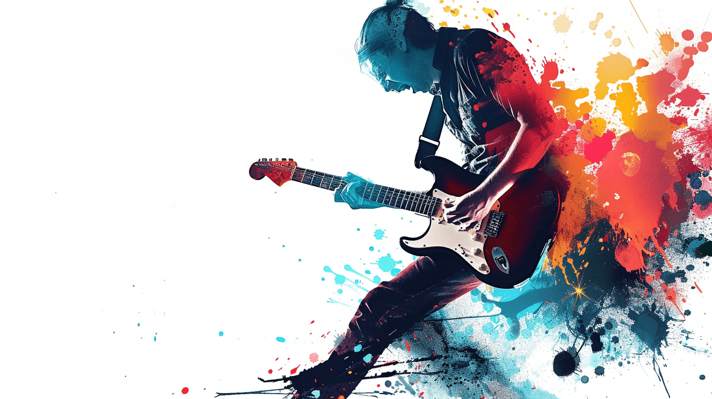 A man playing an electric guitar against a colorful splash paint background, with white space in the middle of his body and a white background. The style is digital art and a vector illustration, with a full length shot and no shadow on the face. It is high resolution with high details, quality, naturalness, contrast and realism. The image is very detailed.