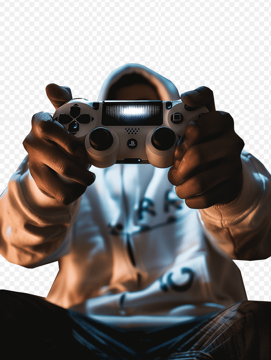 gamer holding gamepad, transparent background, png file of isolated person in white hoodie with dark blue rim light, gaming controller, gamer playing video games