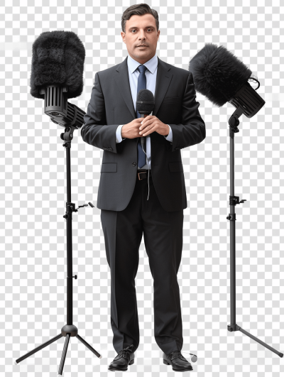 A male journalist in suit holding microphone standing between two microphones, isolated on transparent background, png file